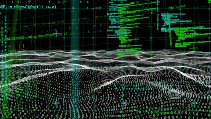 Animation of science data processing on dark background