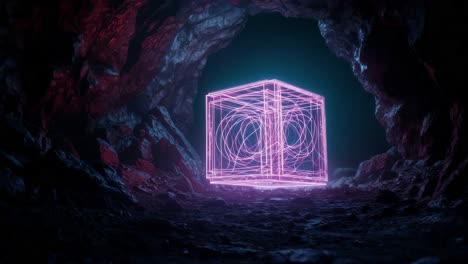 glowing neon box in a dark cave