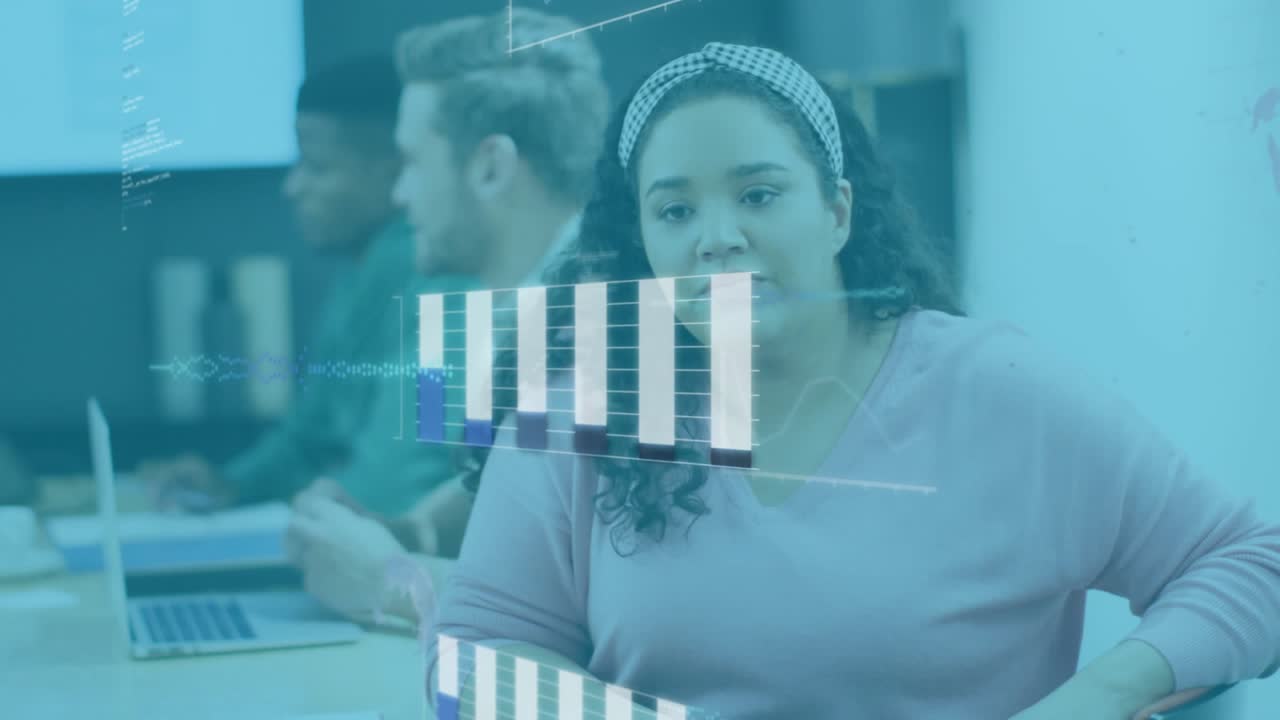 Upon gesturing woman illustrating business metrics with translucent bars and code appearing