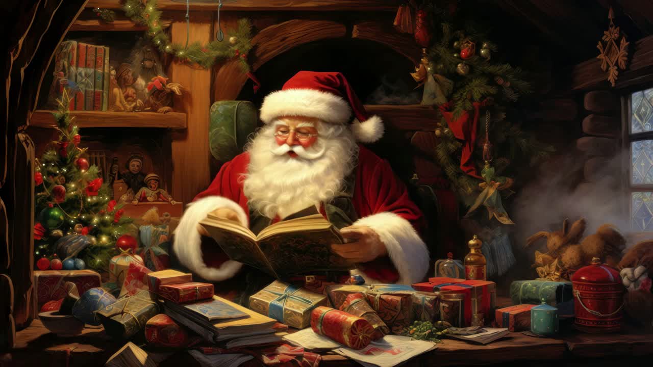 Cozy, festive scene of Santa reading a book in a warmly lit cabin, surrounded by gifts