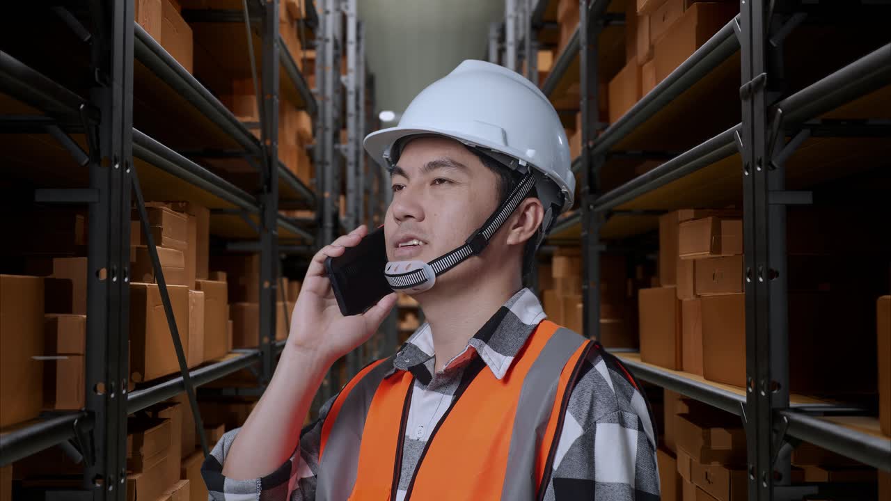 배달 물품으로 가득 찬 선반과 함께 창고에 서서 스마트폰으로 대화하는 안전 헬을 입은 아시아 남성 엔지니어의 가까운 측면 뷰