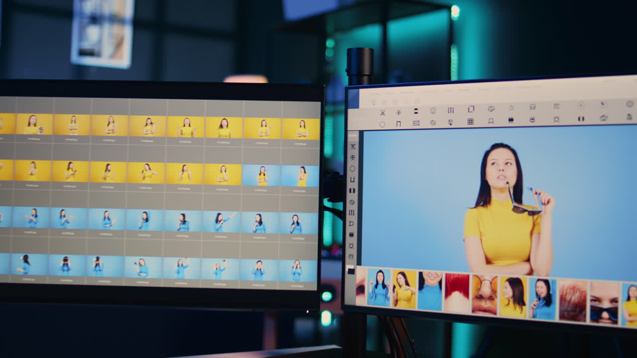 interfaz de software de edición en pantallas de computadora en un estudio creativo de diseño gráfico vacío