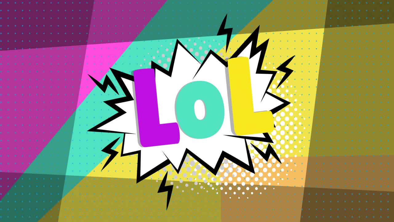 animación de una burbuja de habla con texto lol en un fondo en movimiento colorido