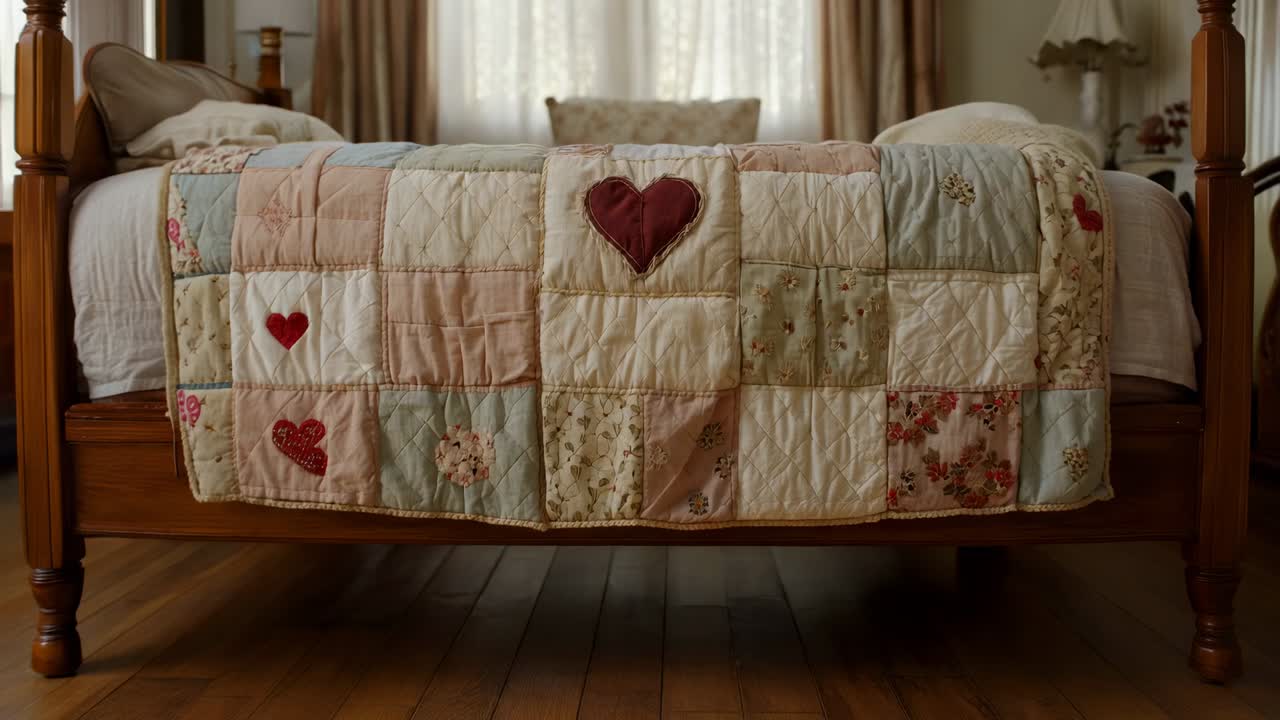 Angolazione della camera mobile che rivela i dettagli di un patchwork ai piedi di un letto di legno, enfatizzando un cuore bordeaux