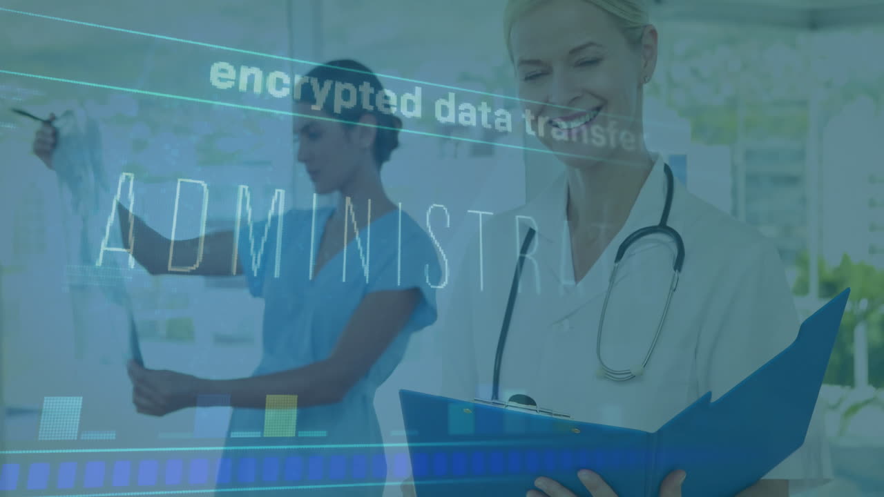 Doctor collaborating with nurse in clinic, displaying stethoscope X-ray film and AI data overlays