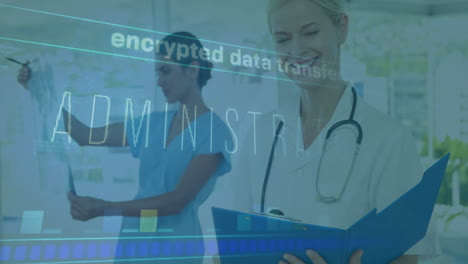 doctor collaborating with nurse in clinic, displaying stethoscope x-ray film and ai data overlays
