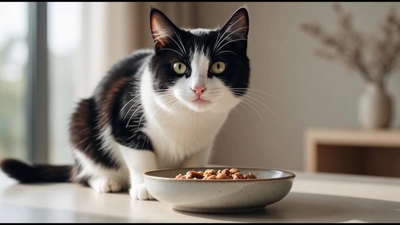 Schwarz-weiße Katze frisst Trockenfutter aus einem Napf