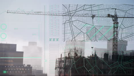 animación de la interfaz con el procesamiento de datos frente a la vista aérea de un sitio de construcción.