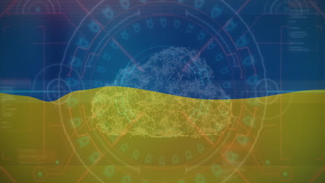 animation of digital cloud and data processing over flag of ukraine