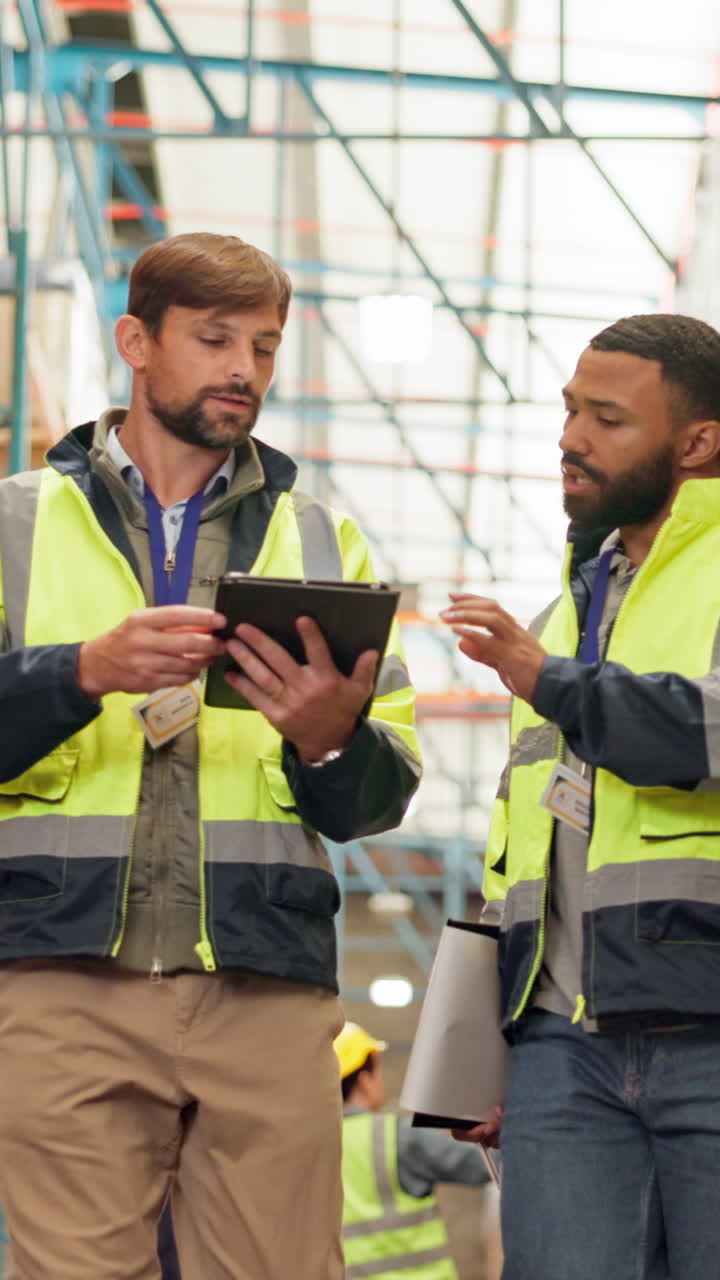 Warehouse employees discussing work with a tablet