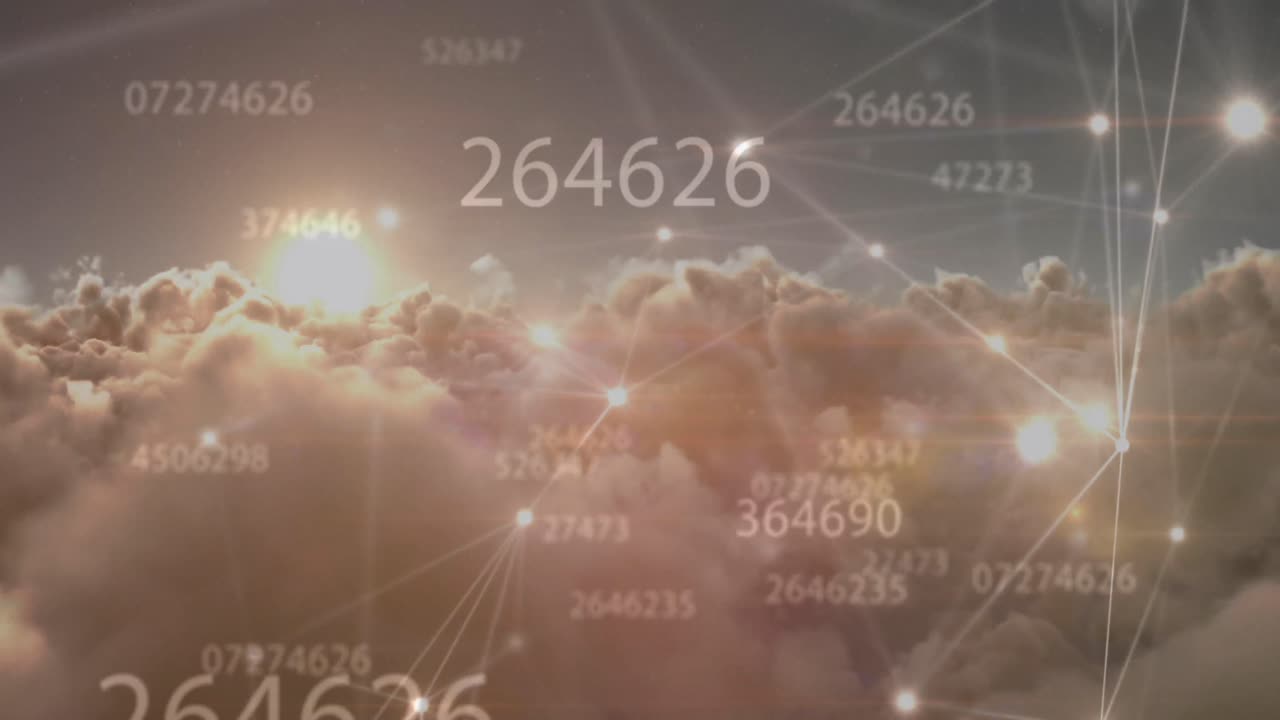 연결 네트워크의 애니메이션과 구름이 있는 하늘 위의 숫자 처리