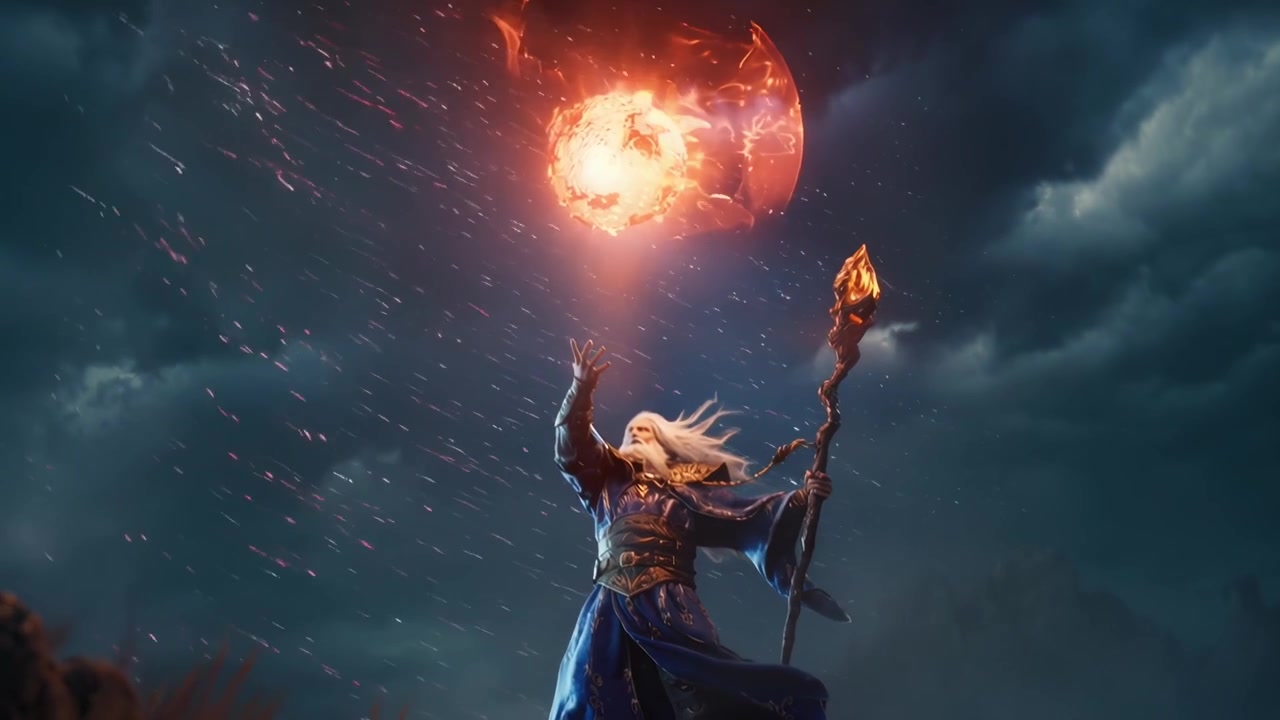 Mocný čaroděj s holí vyvolávající ohnivou kouli