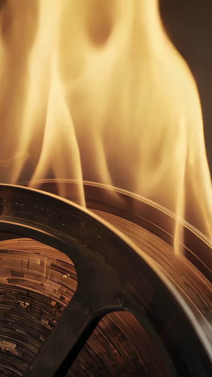 Verticale video: Opkomende vlammen achter een metalen spoel die krult en reflecties werpt op de rand in een studio