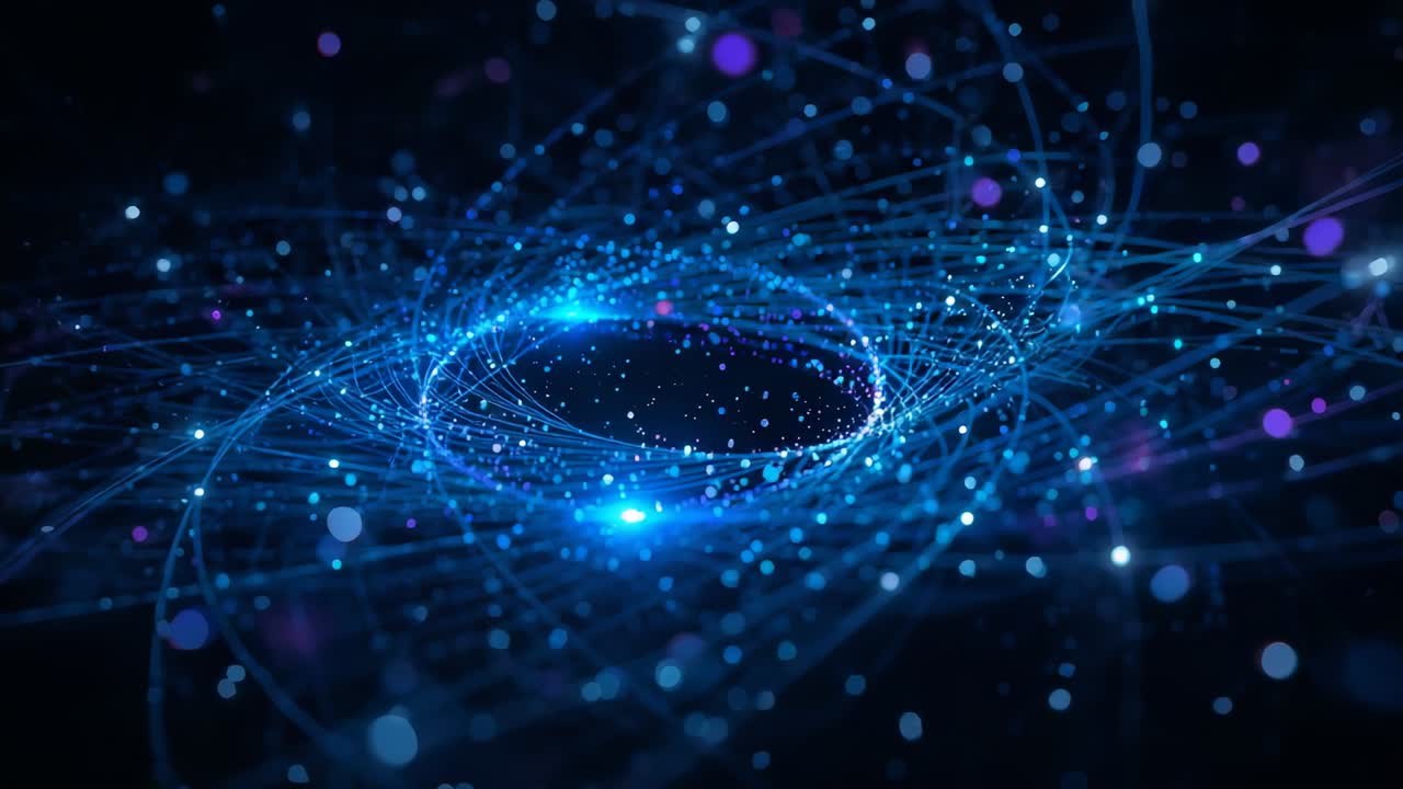 Starting animation, blue particle torus rotating, pulsing in dark space, looping with filaments