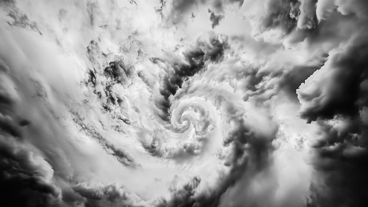 Dramatic stop-motion timelapse of a swirling storm vortex, with intense black and white cloud patterns spiraling in a powerful atmospheric formation.