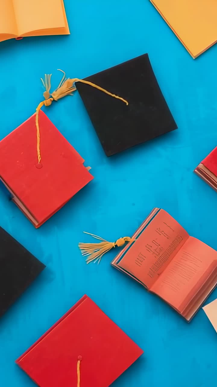 Vertical video: At start camera panning showcasing twotone tassel caps and mini books on blue desk