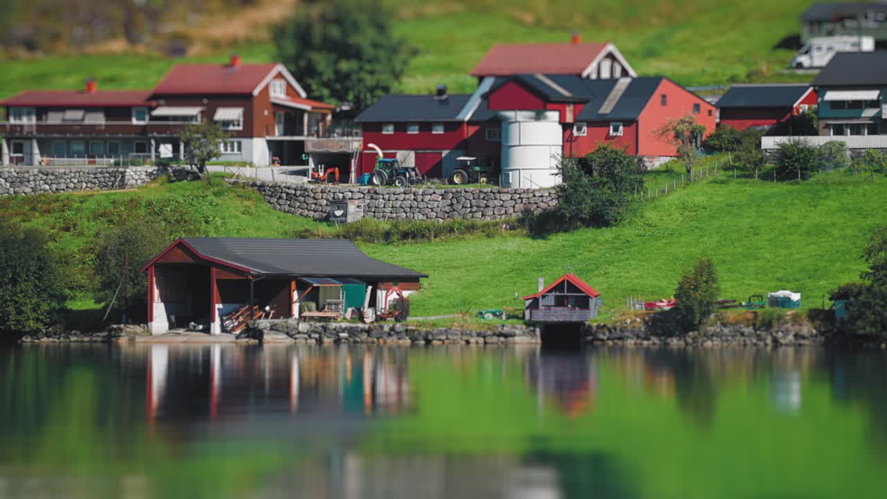 A miniaturized view of the modern farm on the Loen Lake shores.