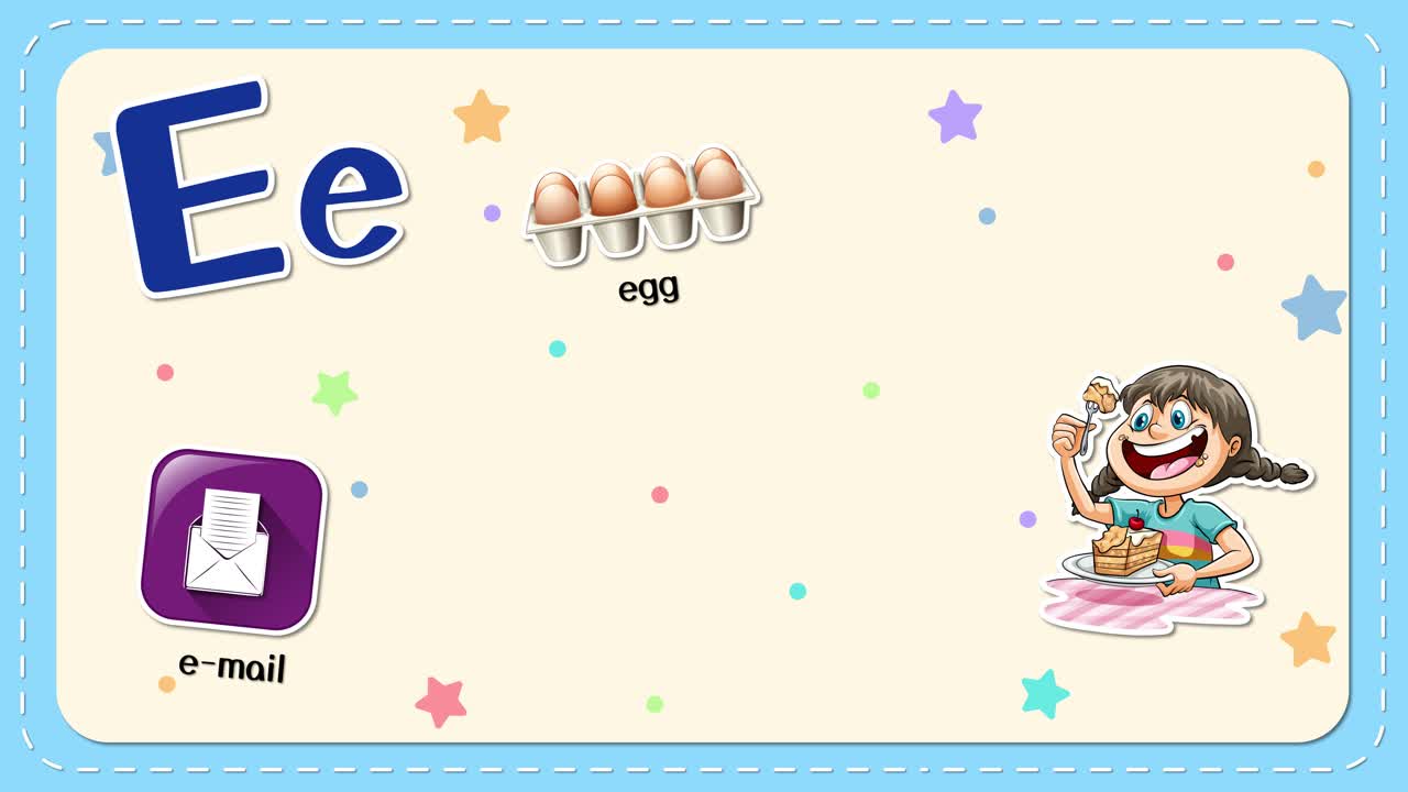 Video educativo animato introduce la lettera E utilizzando illustrazioni colorate e parole del vocabolario corrispondenti