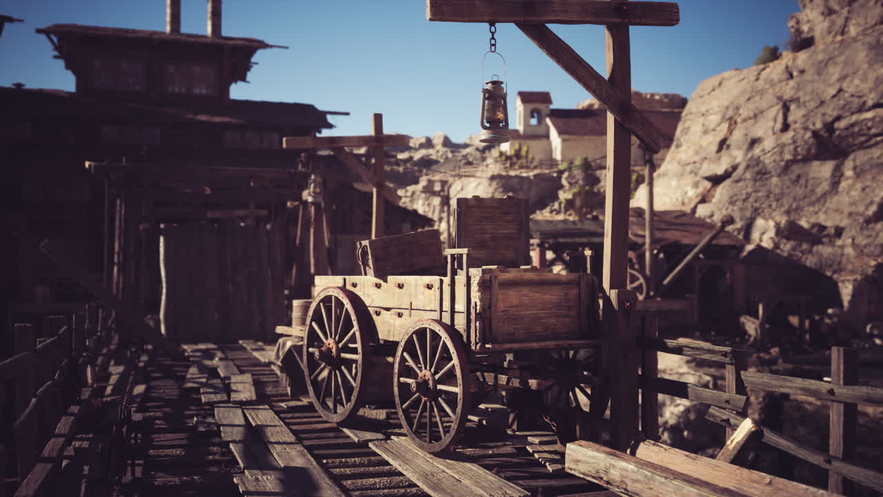 낮 동안 배경 에 산 들 이 있는 시골 의 도크 에 있는 나무 의 마차