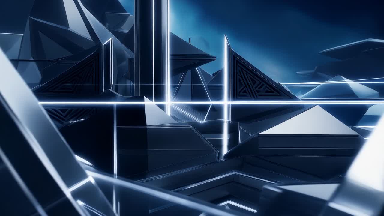 Moving camera revealing central stellated polyhedron in studio CG haze with neon grid, mirrors
