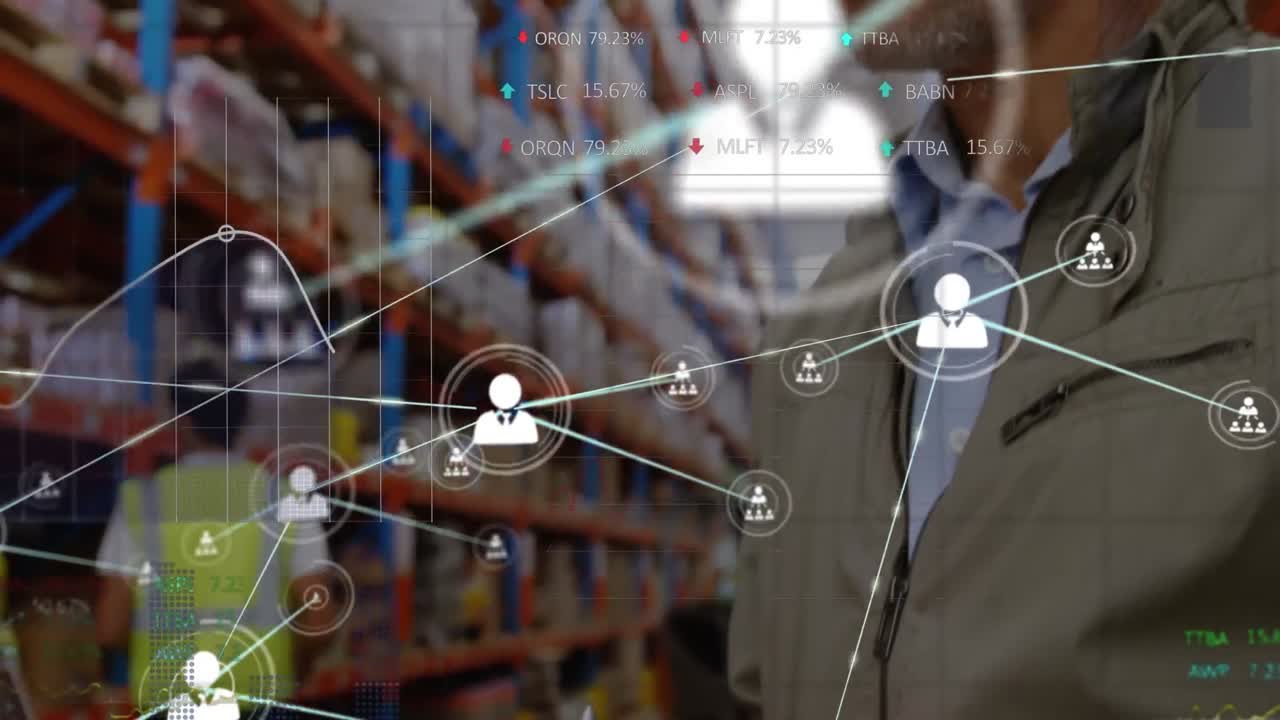 procesamiento de datos del mercado de valores y red de iconos de perfil en el supervisor comprobando las existencias en el almacén
