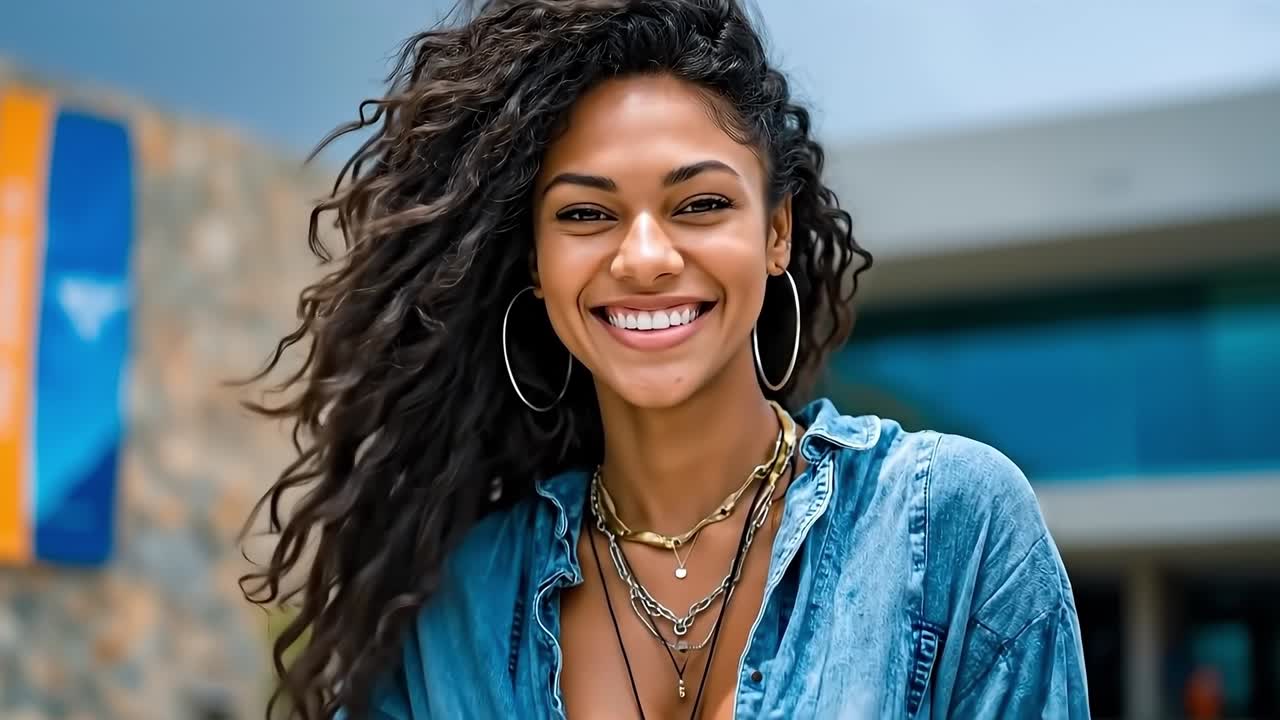 A woman with long curly hair smiles at the camera