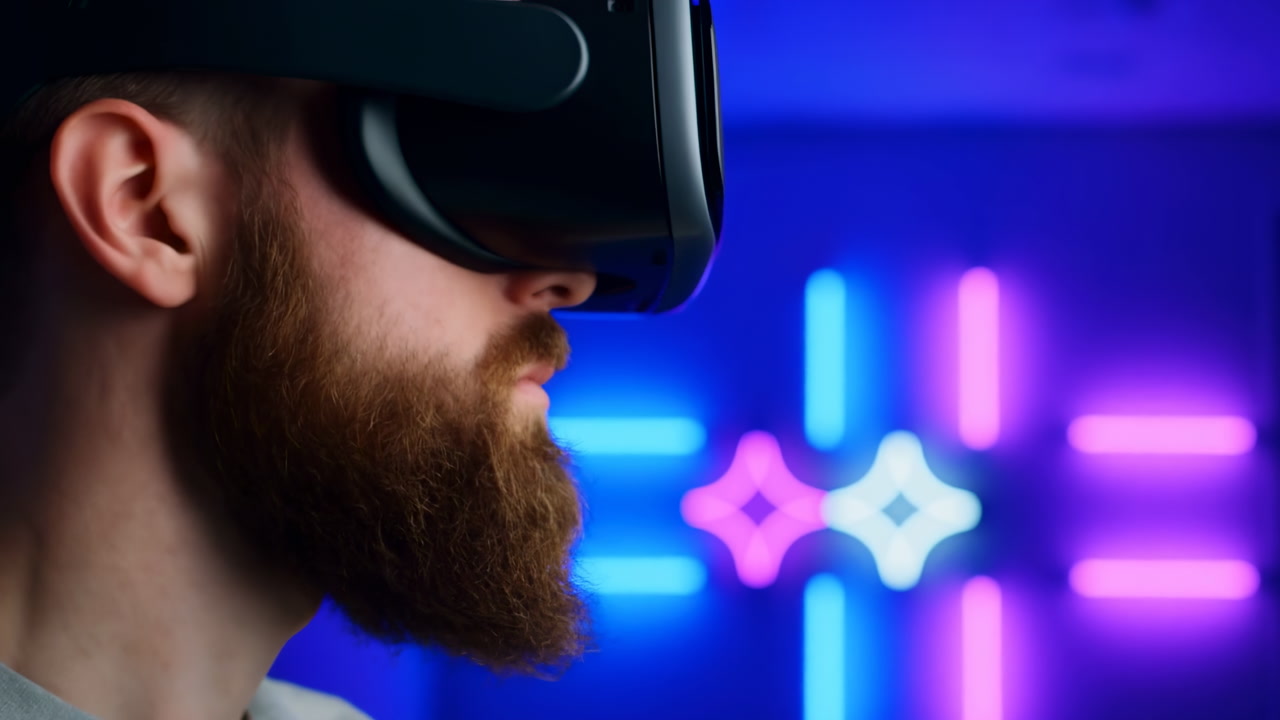 Caucasian Man Wearing VR Headset Immersed In Neon Studio With Blue And Pink LED Cross Lights, Closeup Profile