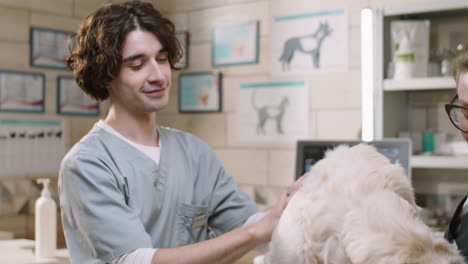 vet and woman petting dog and talking in clinic