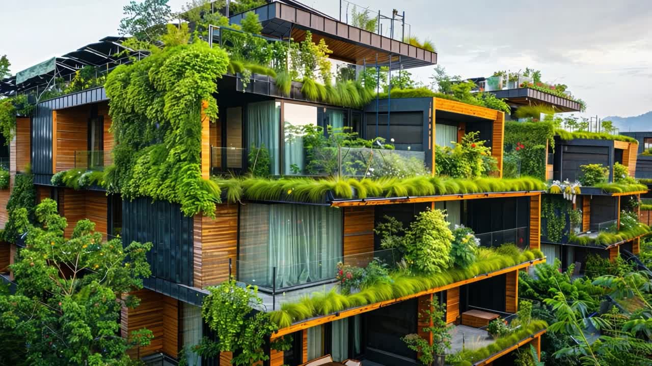 Modern Green Building with Vertical Gardens and Green Roofs