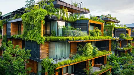 modern green building with vertical gardens and green roofs