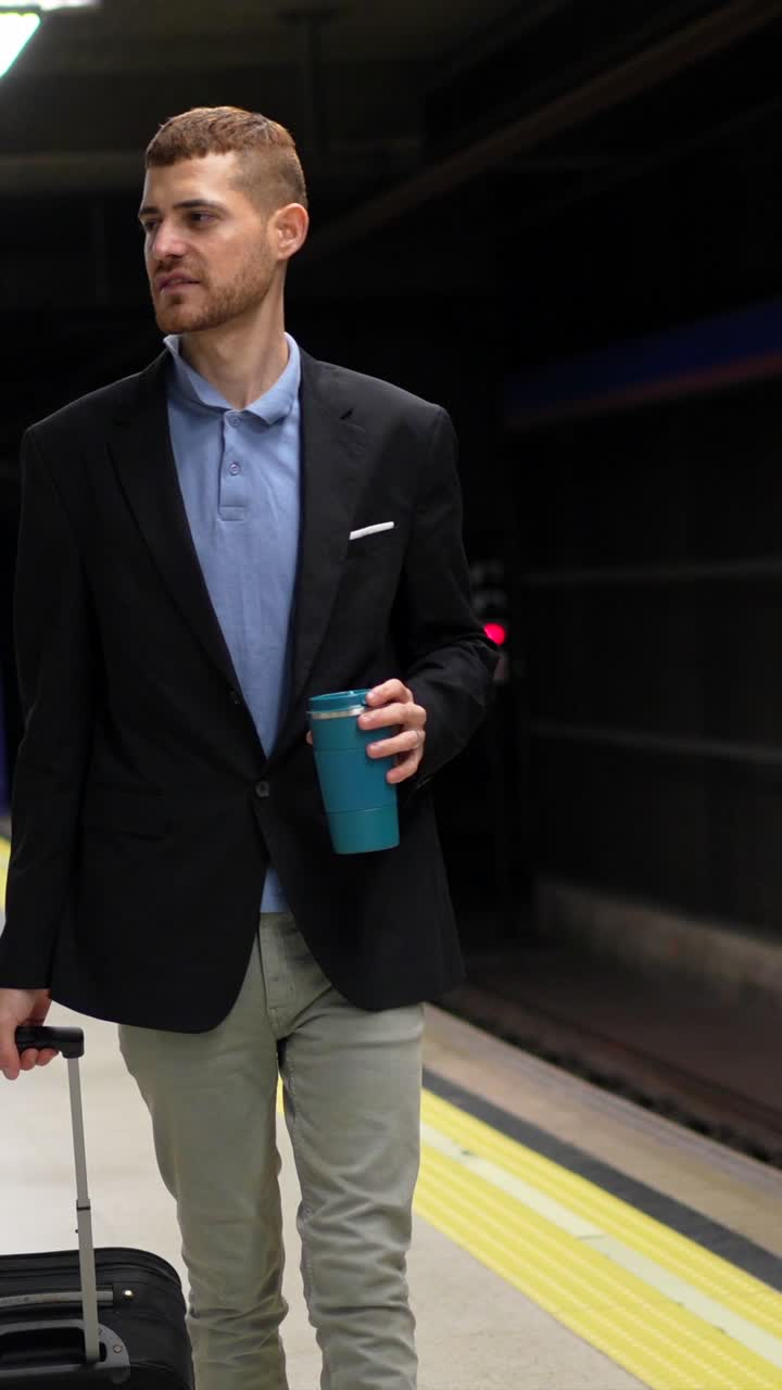 Man traveling in subway with suitcase and coffee cup