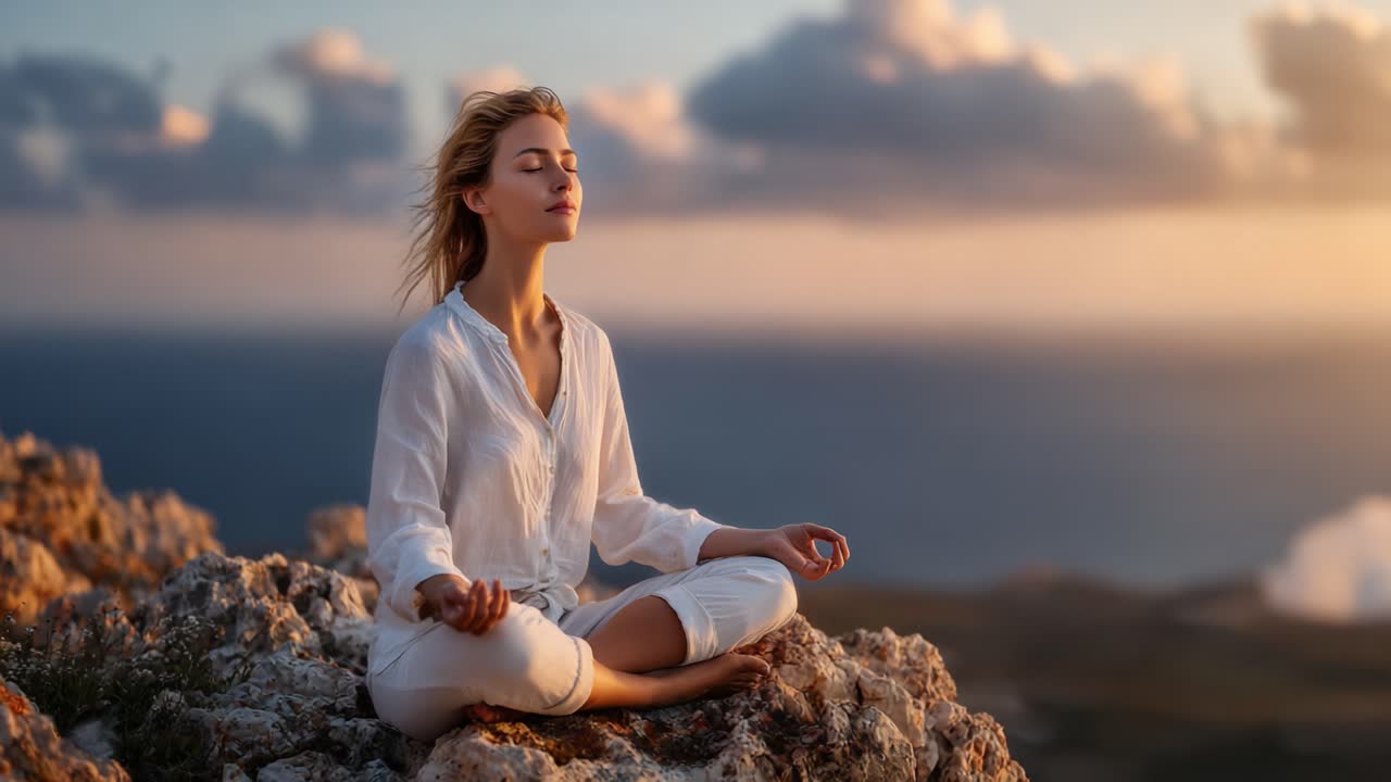 Un momento de meditación sereno: una mujer practicando la atención plena en un risco montañoso con vistas a un océano tranquilo al atardecer