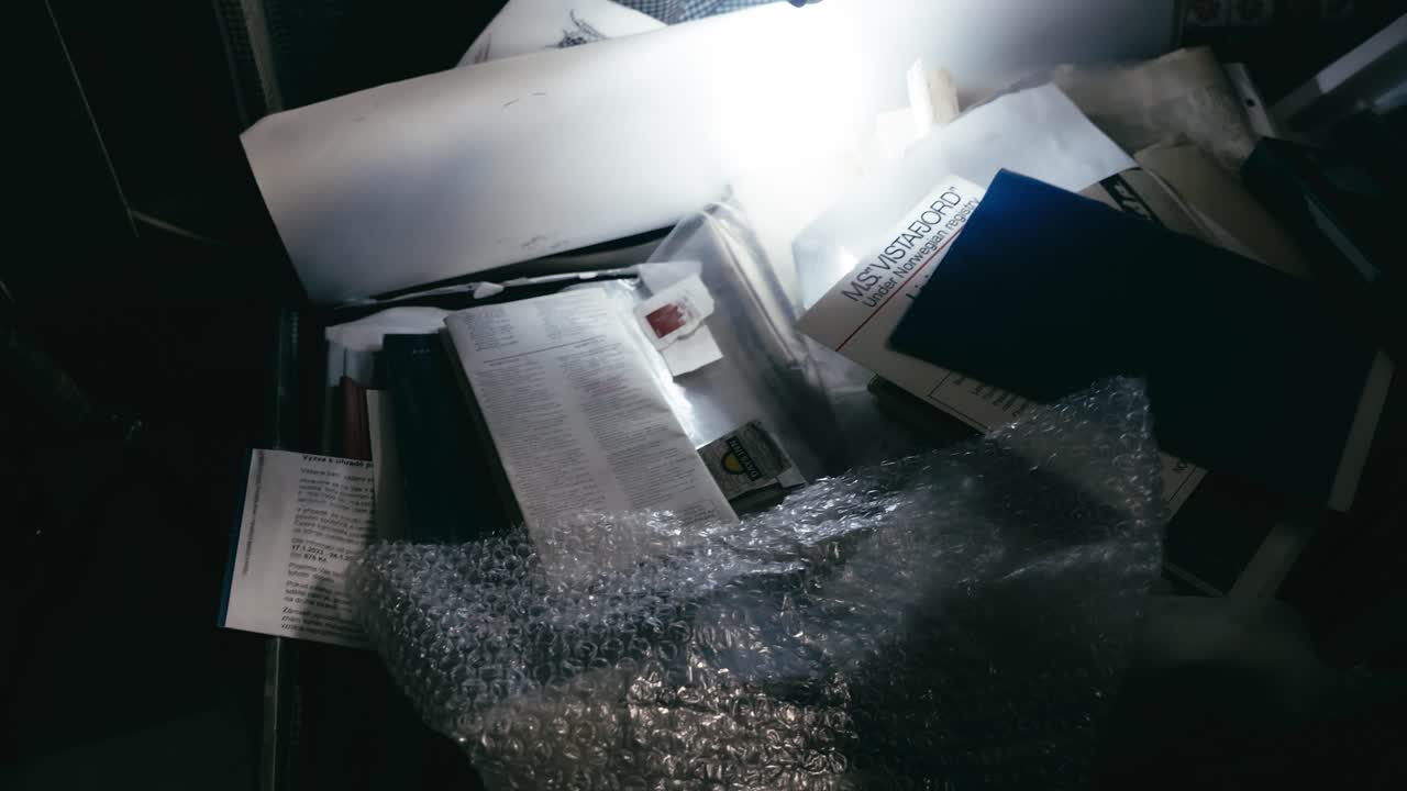 Person with torchlight searches old paper documents in attic trunk box