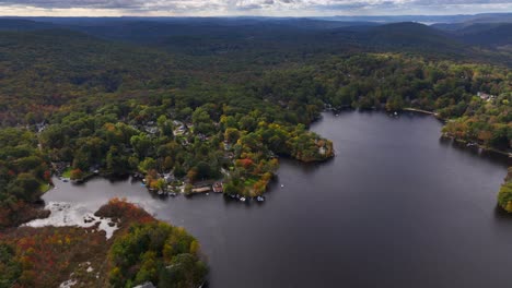 a high altitude view over oscawana lake in ny during the fall season on a cloudy day