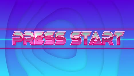 animation of press start text in metallic pink letters over blue and purple background