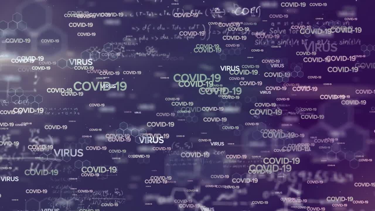 Animation of information COVID-19 written in white letters over formulas in a purple background