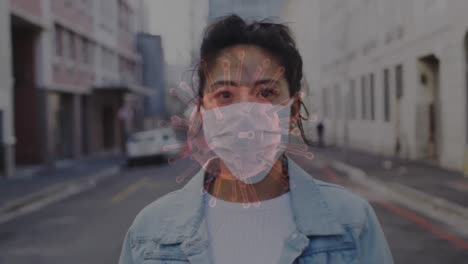 animation of covid 19 cells moving over woman in face mask