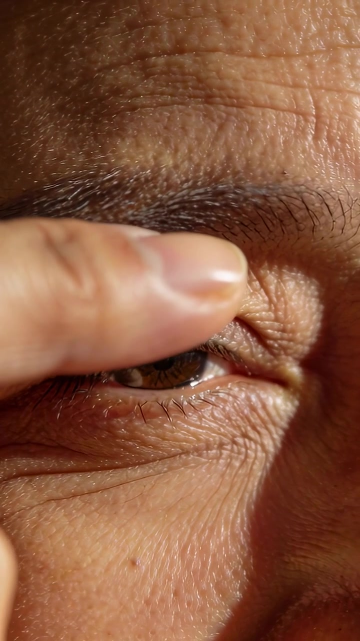 Video verticale: Punta del dito che preme e allunga la palpebra destra in primo piano, esaminando la texture della pelle
