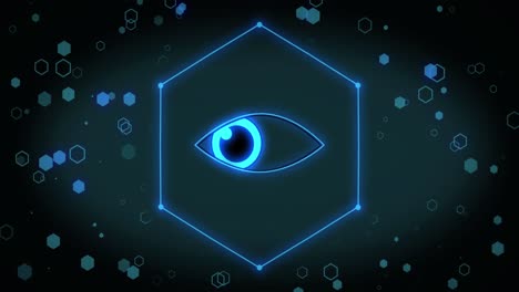 animation of eye icon over hexagons on black background