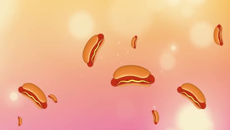 animation of falling hotdogs over bokeh lights on blended orange and pink background