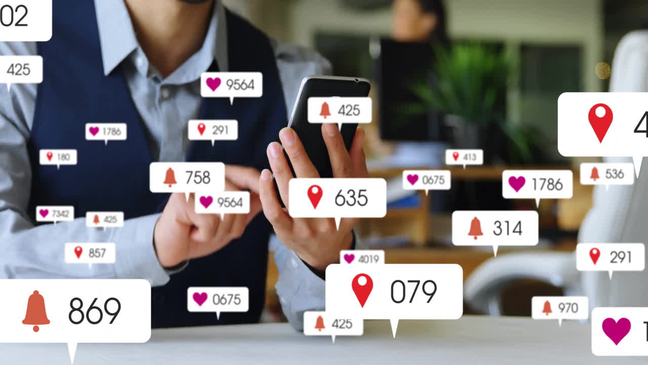 Animation of social media icons with numbers over caucasian businessman using smartphone