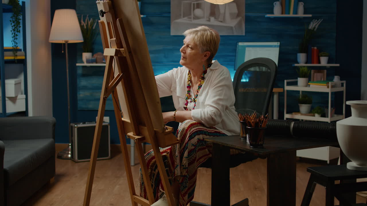 Senior woman using artistic hobby and tools to create artwork