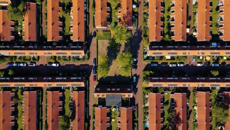 symmetric descending shot of dutch orange rooftops in village district