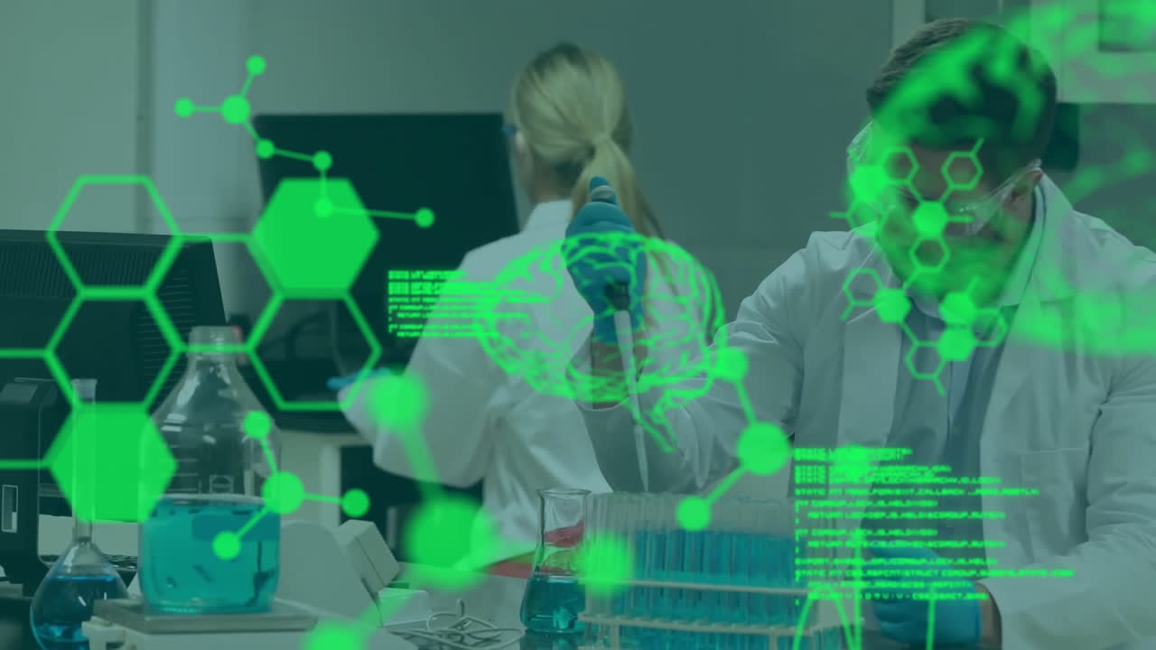 실험실에서 다양한 과학자들에 대한 디지털 뇌와 데이터 처리의 애니메이션