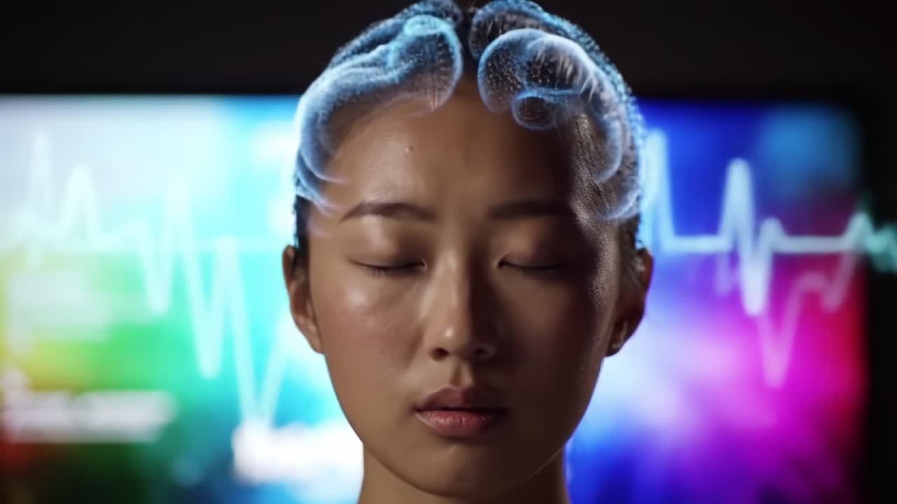 A Meditative State: A Close-Up of a Young Woman with a Visual Representation of Brain Activity Set Against a Colorful Background Indicating Vital Signs and Emotions