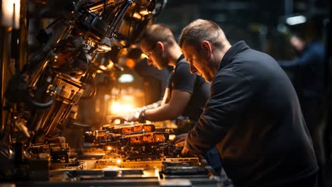 workers engaged in mechanical assembly in a dimly lit factory setting