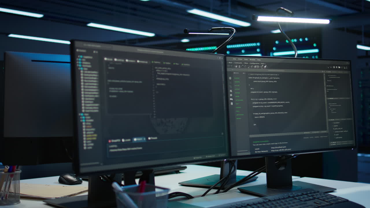 Panning shot of PCs used by admins ensuring compliance with regulations