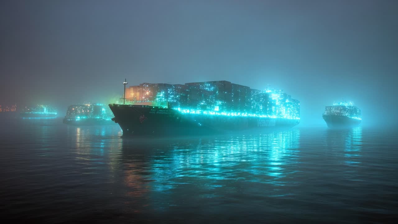 Giant illuminated container ship navigating a misty sea at night, creating a surreal and futuristic atmosphere with glowing cyan lights reflecting on the calm water surface in a mysterious scene