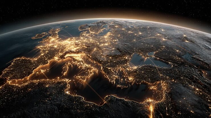 Una vista mozzafiato dell'Europa illuminata di notte: una prospettiva aerea che mostra le città vivaci e i punti di riferimento illuminati del continente dallo spazio
