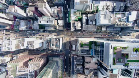 Central-Hong-Kong,-top-down-aerial-view-of-traffic-and-city-skyscrapers